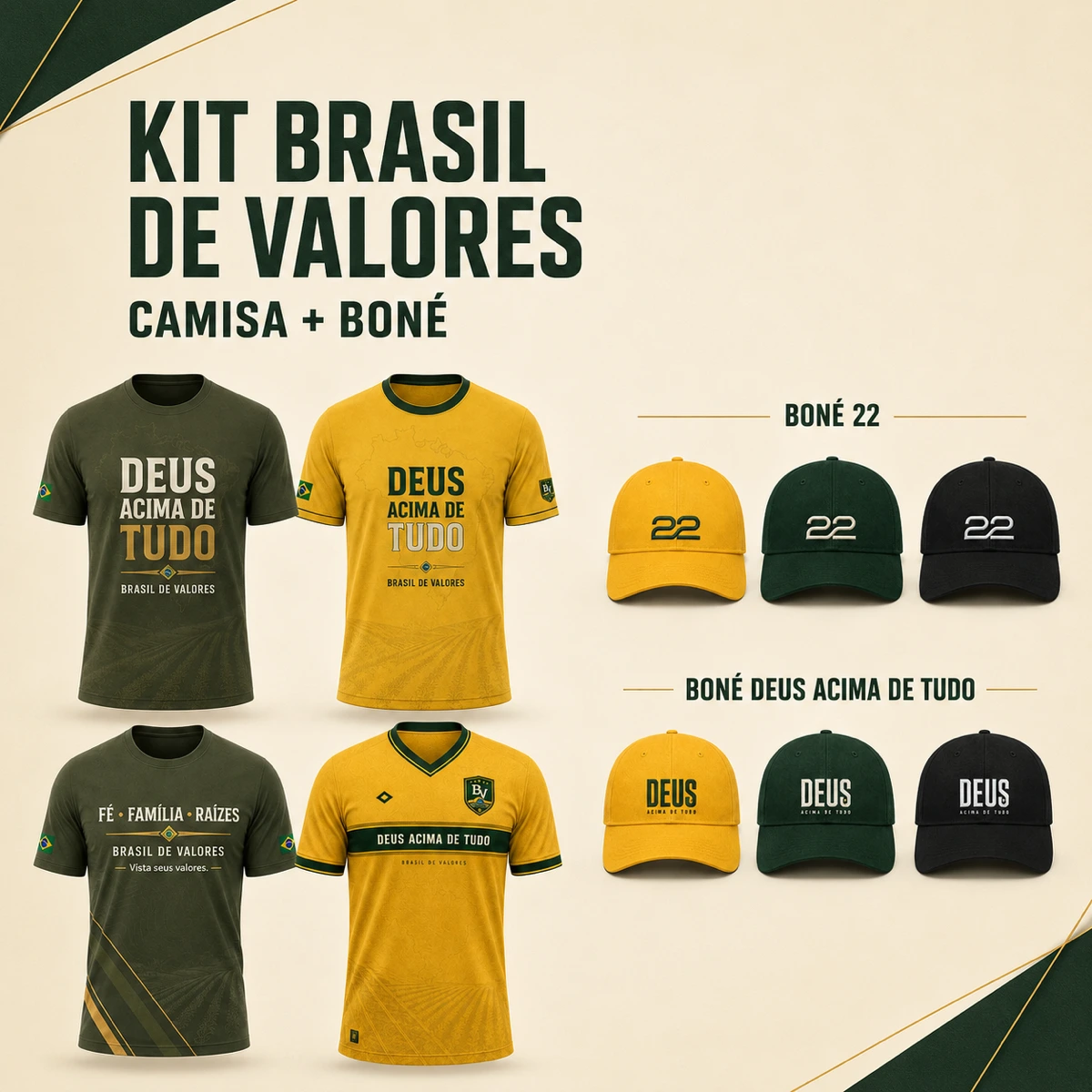 Kit Camisa e Boné Brasil de Valores com opções de modelos e cores